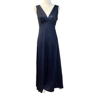 Vintage 80s Vanity Fair Navy Blue Floral Nylon Long Slip Dress Size Small